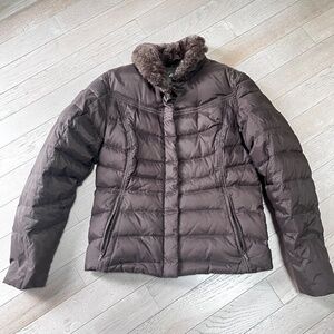 Eddie Bauer Goose Down Puffer Coat Womens Small Brown Hooded Parka Faux Fur
